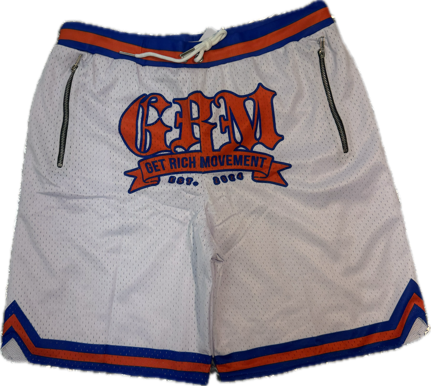GRM men’s basketball shorts – white & orange