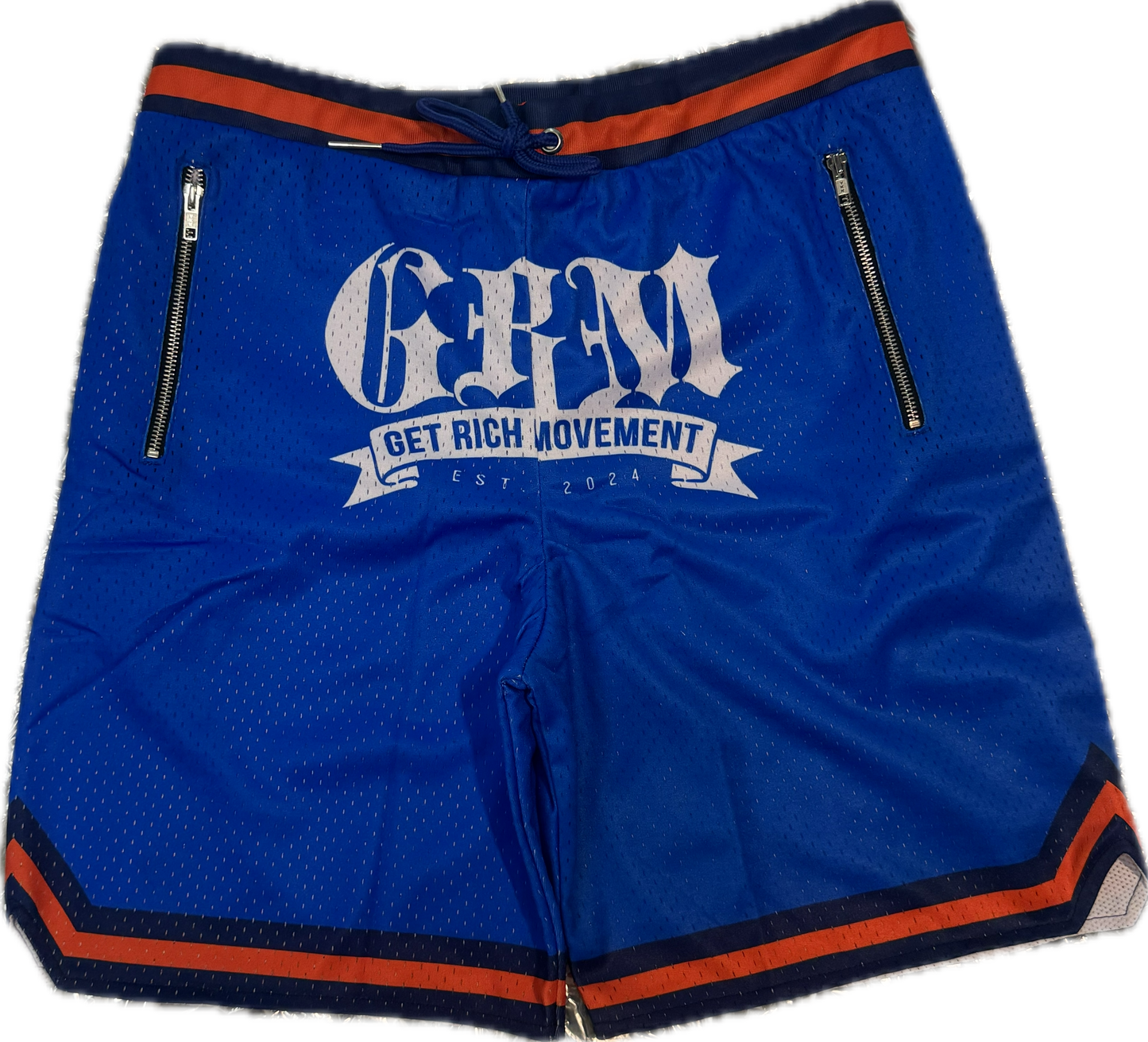 GRM men’s basketball shorts – blue & orange