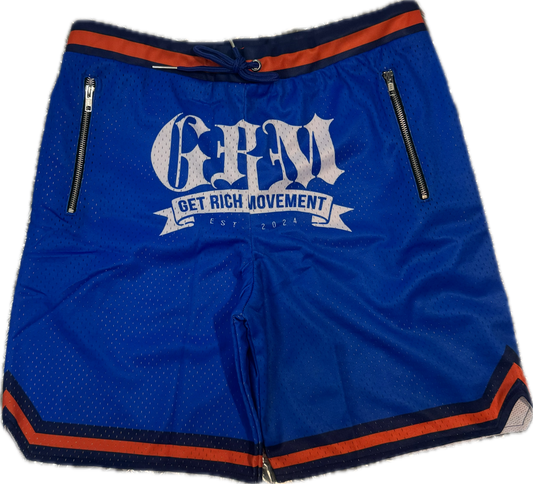 GRM men’s basketball shorts – blue & orange