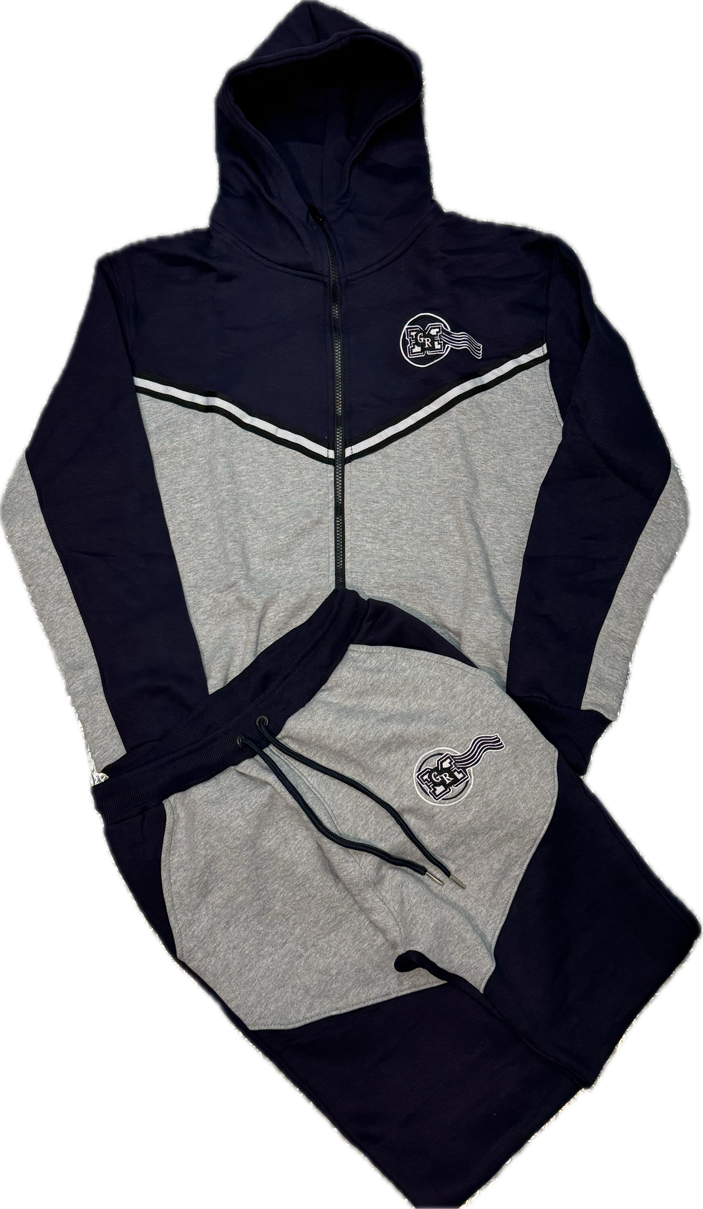GRM navy blue and grey tech jogging suit.
