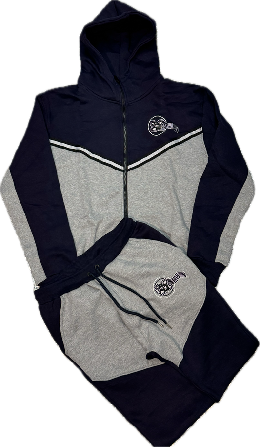 GRM navy blue and grey tech jogging suit.